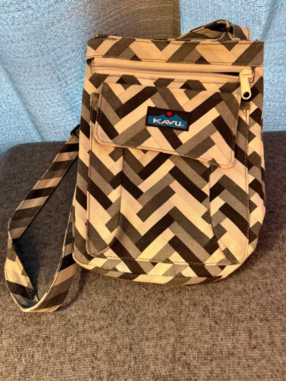 Kavu Beige and Brown Geometric Canvas Messenger Bag